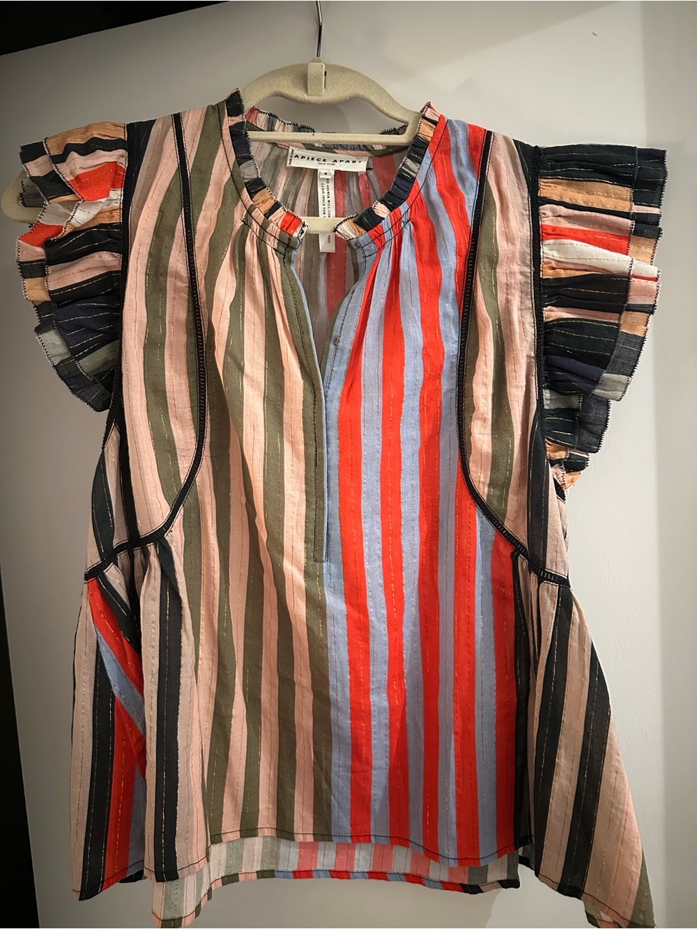Apiece Apart Striped Ruffle Sleeve Tunic - Red, Light Blue, Olive, Black, Pink